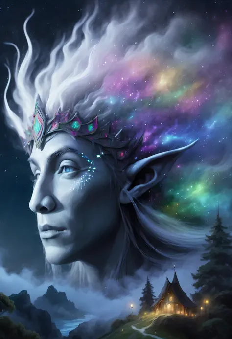 hyper detailed masterpiece, dynamic, good quality,liquor_dark，elf portrait made of colorful stars，(pointy-eared elves:1.5)，flowi...