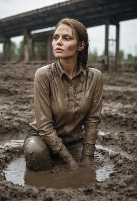 shameful fetish atmosphere,woman takes a mud bath,jeans,covered with mud,expression of despair,blouse,драматическое освещение,со...