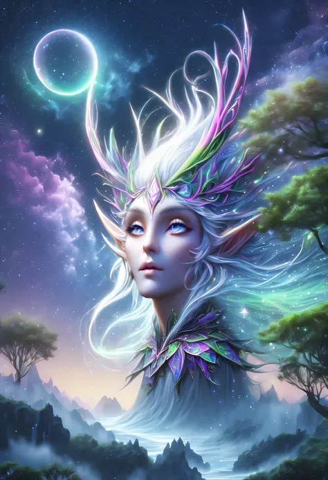 hyper detailed masterpiece, dynamic, good quality,liquor_dark，elf portrait made of colorful stars，(pointy-eared elves:1.5)，flowi...