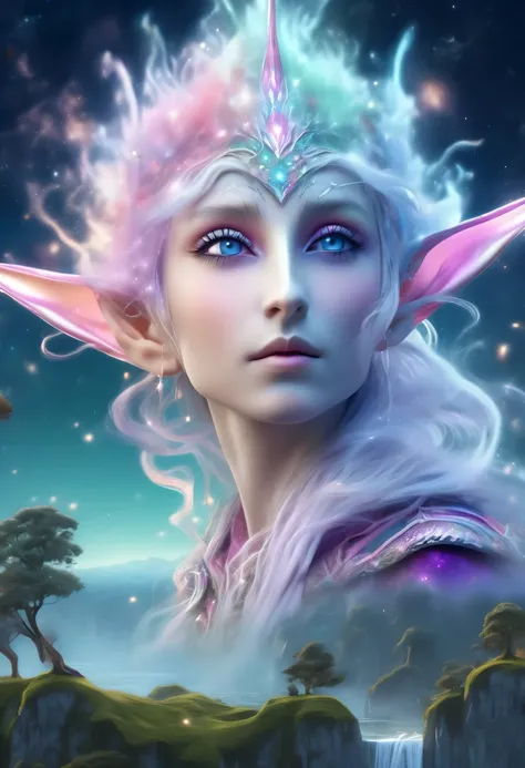 hyper detailed masterpiece, Dynamic, good quality,Liquor_dark，Elf portrait made of colorful stars，(Pointy-eared elves:1.5)，flowing skirt，cigarette hair，jungle，firefly，unrealistic，The tree of life blooms with endless vitality，Twinkling stars in the night sk...