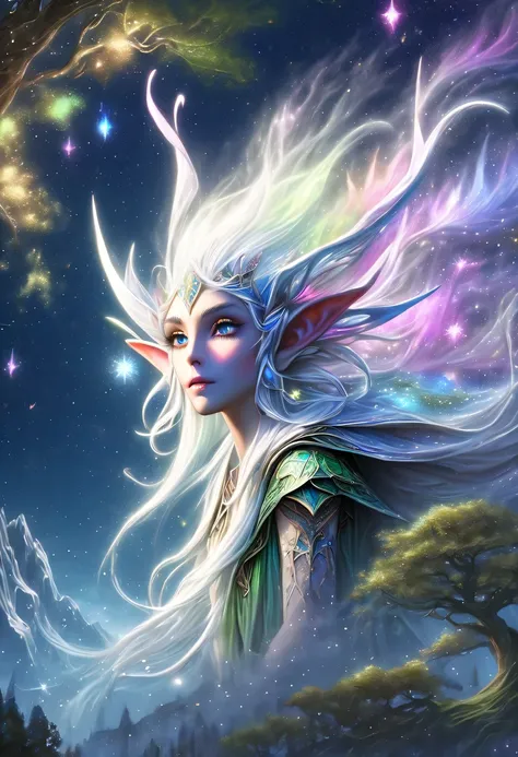 hyper detailed masterpiece, dynamic, good quality,liquor_dark，elf portrait made of colorful stars，(pointy-eared elves:1.5)，flowi...