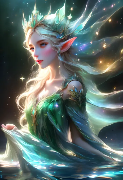 精灵portrait,illustration,painted,high resolution,actual:1.37,Super detailed,professional,bright colors,portrait,fantasy,Delicate shades,soft light,精灵portrait、illustration、fantasy、color starlight、pointed ears、Delicate eyes and lips、Elegant starlight dreslond...