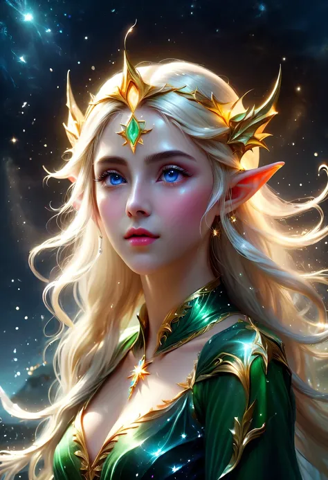 精灵portrait,illustration,painted,high resolution,actual:1.37,Super detailed,professional,bright colors,portrait,fantasy,Delicate shades,soft light,精灵portrait、illustration、fantasy、color starlight、pointed ears、Delicate eyes and lips、Elegant starlight dreslond...