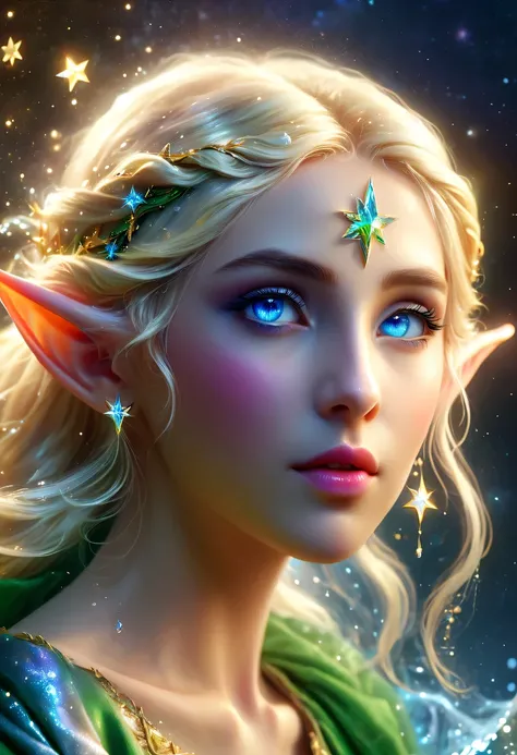 精灵portrait,illustration,painted,high resolution,actual:1.37,Super detailed,professional,bright colors,portrait,fantasy,Delicate shades,soft light,精灵portrait、illustration、fantasy、color starlight、pointed ears、Delicate eyes and lips、Elegant starlight dreslond...