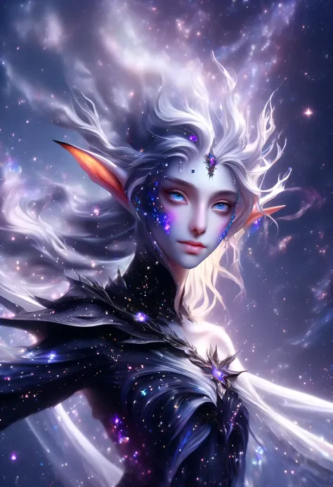 hyper detailed masterpiece, Dynamic, good quality,Liquor_dark，Elf portrait made of colorful stars，Pointy-eared elves，Starlight skirt，blond，water splash