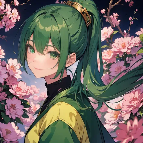 Beautiful anime style, 二次元beautiful boy，beautiful boy，supreme masterpiece，Long dark green hair，high ponytail，Emerald green eyes，Ultra HD quality，perfect face