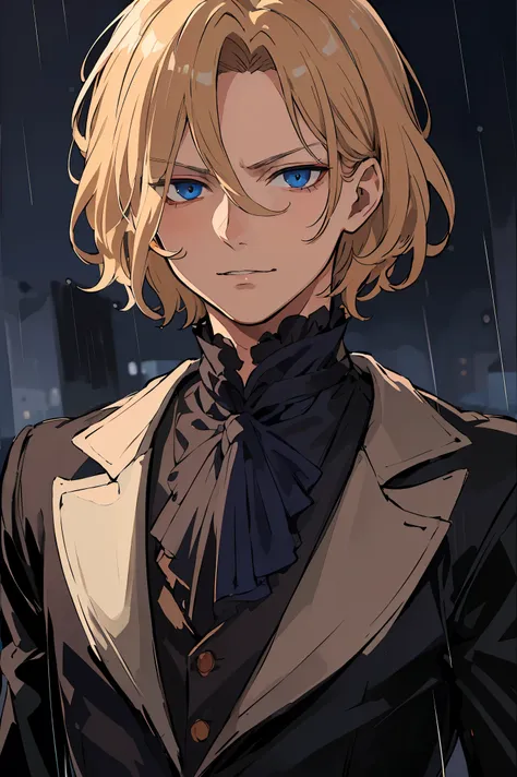 masterpiece, dark night, boy, johan liebert, wavy blonde hair, short hair, 20 years, red pupils, Blue eyes, Grim Smile, villain, narrowed eyes, very detailed beautiful face and eyes, portrait, shirt, rain