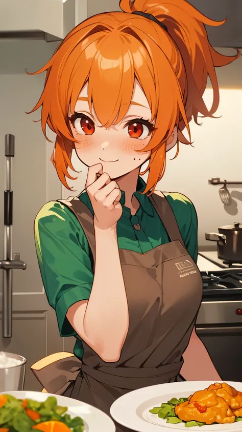 1 girl、solo、kitchenで料理をしている、plate of delicious food、apron、ponytail、orange hair、round red eyes、blushing cheeks、smile、((kitchen))、...