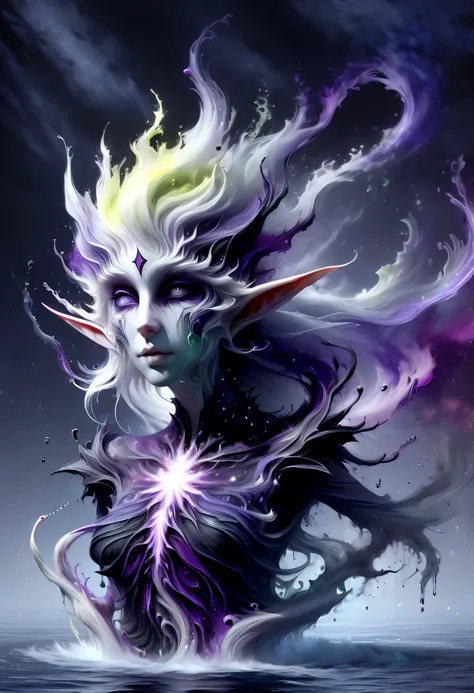 hyper detailed masterpiece, Dynamic, good quality,Liquor_dark，Elf portrait composed of colored liquids，Pointy-eared elves，Starlight skirt，blond，water splash