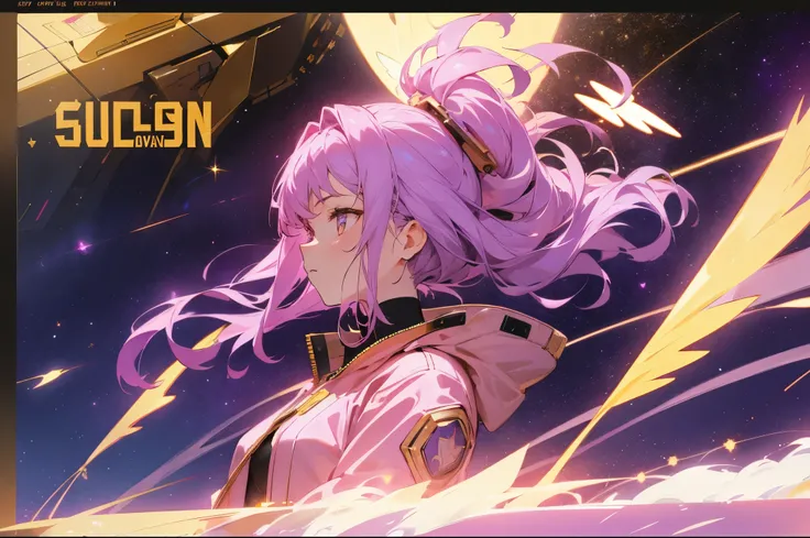 girl，Pink and purple hair，golden eyes，golden armor，movie poster，big occasion，starry sky，Unbelievable，sense of the future，Golden angel halo，golden mechanical winglack jacket，，Gundam，Sci-fi style