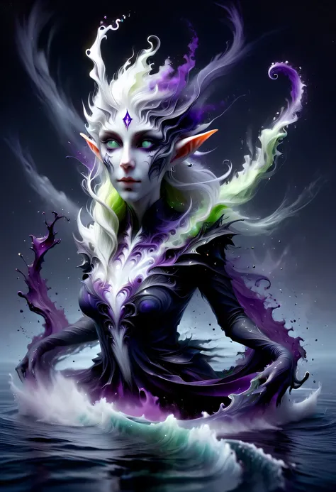 hyper detailed masterpiece, Dynamic, good quality,Liquor_dark，Elf portrait composed of colored liquids，Pointy-eared elves，Starlight skirt，blond，water splash