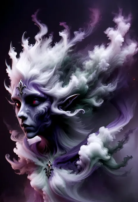 hyper detailed masterpiece, Dynamic, good quality,Liquor_dark，Elf portrait composed of colored smoke，Pointed ear elvelack skirt，white hair