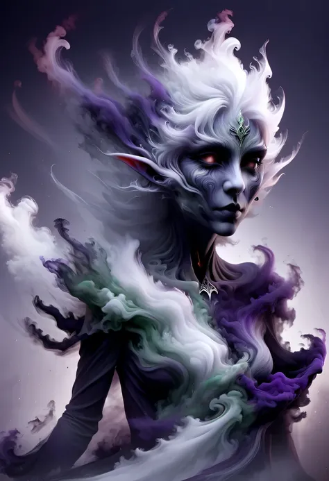 hyper detailed masterpiece, Dynamic, good quality,Liquor_dark，Elf portrait composed of colored smoke，Pointed ear elvelack skirt，white hair