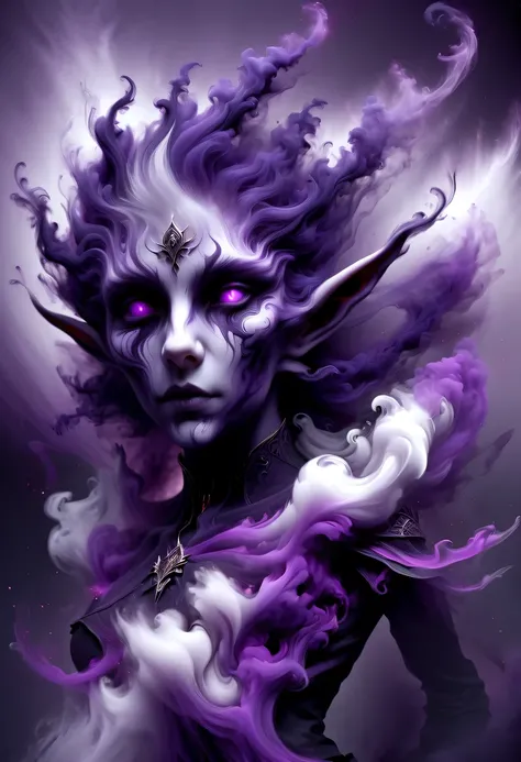 hyper detailed masterpiece, Dynamic, good quality,Liquor_dark，Elf portrait composed of purple smoke，1 pointy-eared elf，black skirt，white hair