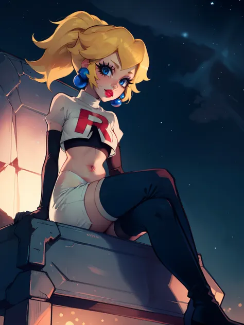 princess_peach, ponytail ,earrings ,red lipstick, blue eye shadow, heavy makeup ,team rocket uniform, red letter R, white skirt,white crop top,black thigh-high boots, black elbow gloves, evil smile, looking down on viewer, sitting down ,legs crossed, night...