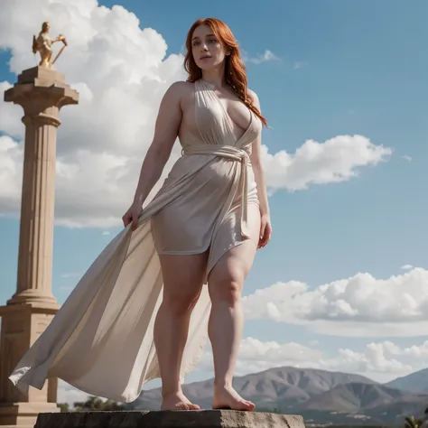 Naked pale skin Bryce Dallas Howard standing on top of a pedestal, long braided hair, curvy body, like a statue, white toga