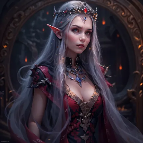 Mysterious Elf Vampire Queen，portrait，She has long flowing hair，Sharp red eyes，elf ears，（Showing long fangs），Wear noble clothes，Jewelry Crown，Tough yet elegant，in this piece（Dark and Gothic）in art。（best quality，high resolution，masterpiece：1.2），（Super fine，...