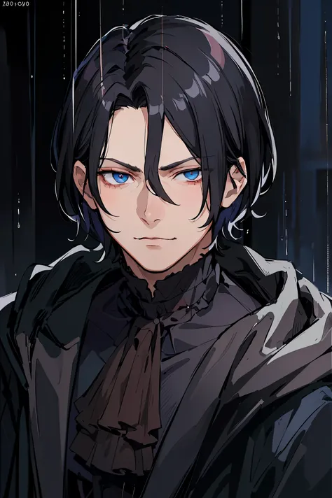 masterpiece, dark night, boy, johan liebert, wavy black hair, short hair, 20 years, red pupils, Blue eyes, Grim Smile, villain, narrowed eyes, very detailed beautiful face and eyes, portrait, shirt, rain