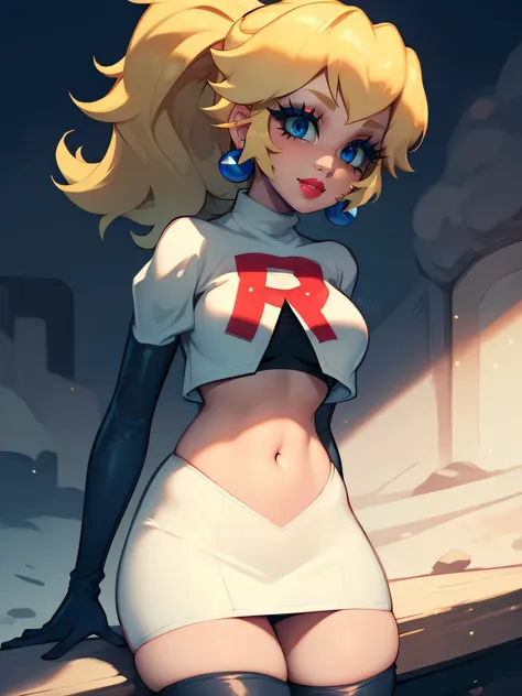 princess_peach, blonde hair ,ponytail ,earrings ,red lipstick, blue eye shadow, heavy makeup ,team rocket uniform, red letter r,...