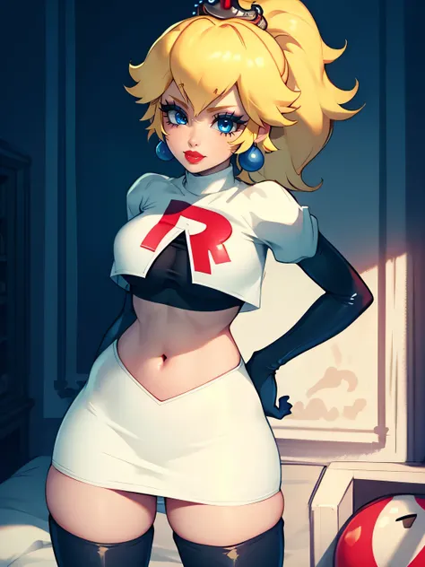 princess_peach, blonde hair ,ponytail ,earrings ,red lipstick, blue eye shadow, heavy makeup ,team rocket uniform, red letter R, white skirt,white crop top,black thigh-high boots, black elbow gloves, evil smile,