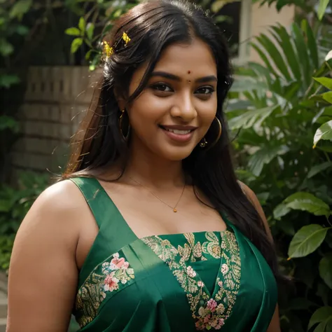 Beautiful full figured tamil woman,smiling at camera, wearing low waist green saree,sleeveless blouse  flowers in hair, bindi, in a garden,HD,realistic ,best quality