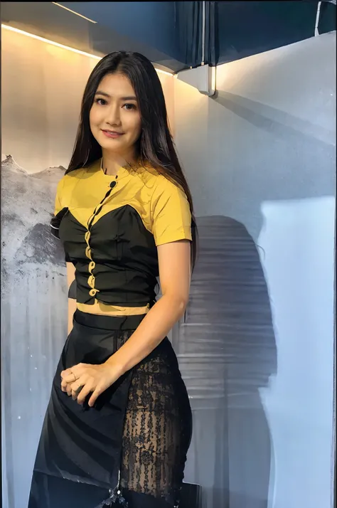 A beautiful girl(TZWK),beautiful eyes,beautiful smile,Photoshooting,acmm ss outfit, wearing acmm top, light yellow acmm top, short sleeves, buttons, wearing acmm long skirt, white and black with printed acmm long skirt, UHD, high resk,realistic detailer_1,...