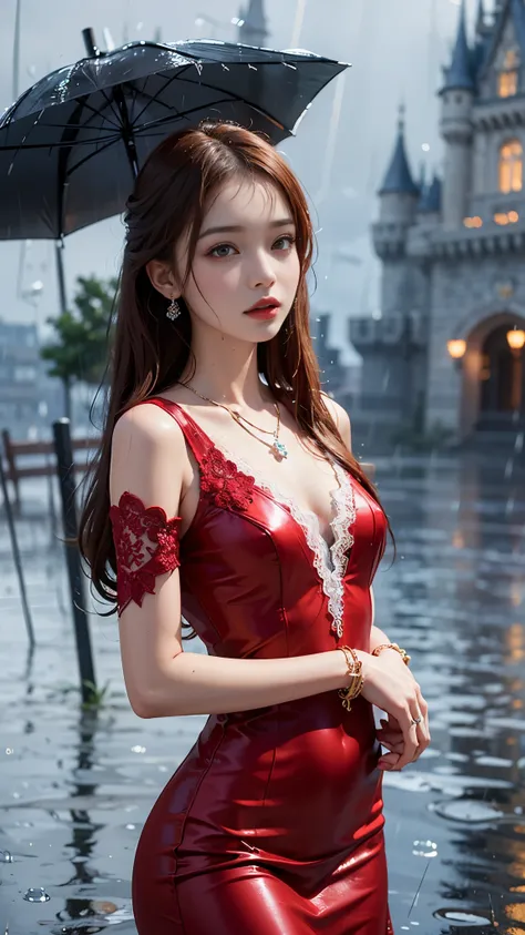  ((best quality)), ((masterpiece)), (detailed), 1 girl, good face, ultra long hair, red hair, impressive hairstyle, small breasts, (wet body:1), (red lace dress)), (net lace:1.5), (transparent lace:1), (wearing jewellery:1.5), disney castle background, (ra...