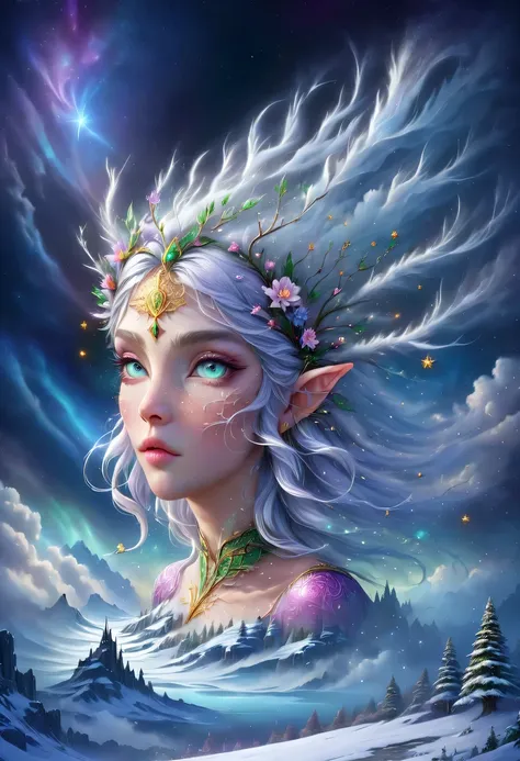 The face of the elf princess floats in the air，Pointed-eared elf exposed multiple times:1.8),Winter scenery，Surreal wonderland，Dream Island in the Sea of Cloudig snowflake:1.3)，五颜六色的big snowflake飞舞着，The palace of the elf princess covered with snow，The tree...