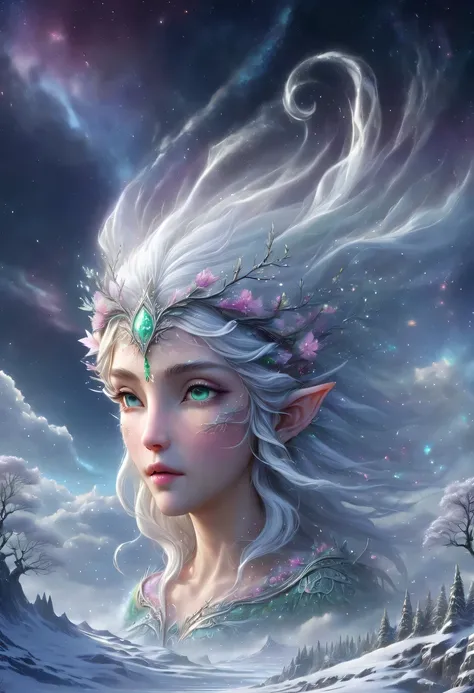 The face of the elf princess floats in the air，Pointed-eared elf exposed multiple times:1.8),Winter scenery，Surreal wonderland，Dream Island in the Sea of Cloudig snowflake:1.3)，五颜六色的big snowflake飞舞着，The palace of the elf princess covered with snow，The tree...