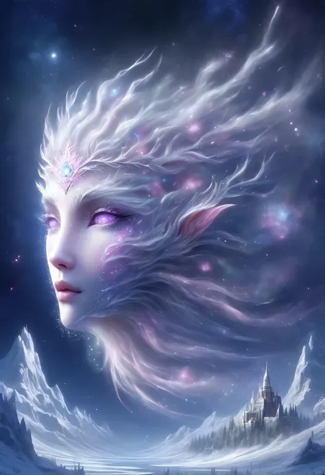 the face of the elf princess floats in the air，pointed-eared elf exposed multiple times:1.8),winter scenery，surreal wonderland，d...