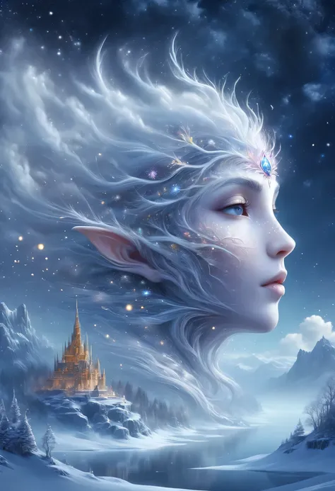 The face of the elf princess floats in the air，Pointed-eared elf exposed multiple times:1.8),Winter scenery，Surreal wonderland，Dream Island in the Sea of Cloudig snowflake:1.3)，五颜六色的big snowflake飞舞着，The palace of the elf princess covered with snow，The tree...