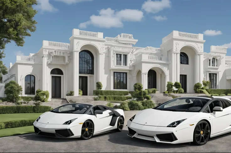 a beautiful (modern white color house) with a large lawn , (one black color lamborghini gallardo is parking), (black color rolls...