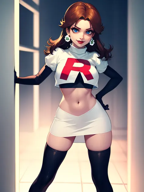 princess_daisy, brown hair ,earrings ,red lipstick, blue eye shadow, heavy makeup ,team rocket uniform, red letter r, white skir...