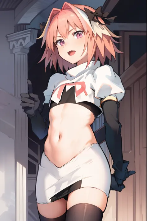 absurdres, masterpiece, best quality, (astolfo fate:1.2155), 1boy, male focus, trap, pink multicolored hair, pink hair, white hair, hair intakes, long hair, pink detailed eyes, crossdressing,1boy, team rocket,team rocket uniform, red letter R, white skirt,...