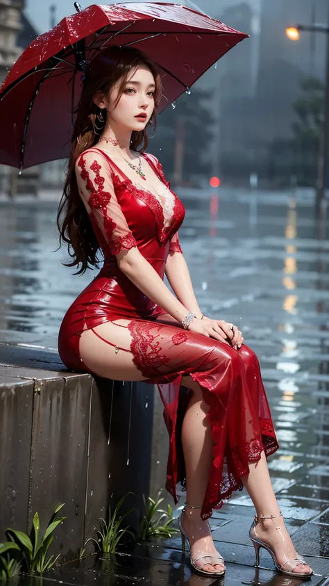  ((best quality)), ((masterpiece)), (detailed), 1 girl, good face, ultra long hair, red hair, impressive hairstyle, small breasts, (wet body:1.2), (red lace dress:1.5)), (long lace:1.5), (transparent lace:1.4), (jewellery:1.5), disney castle background, (r...