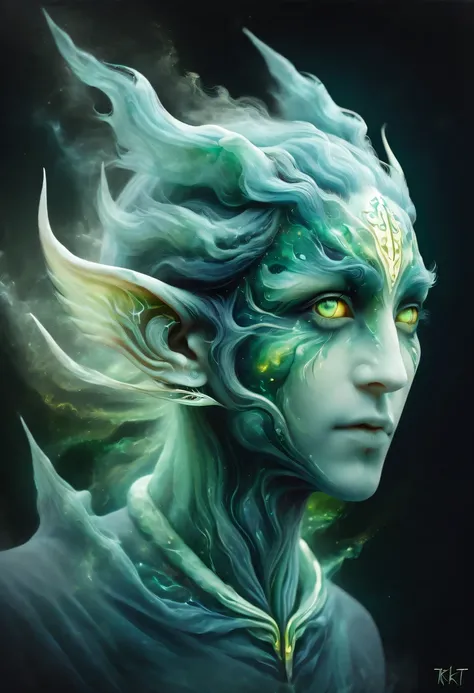tkt style, Pisces, pointed ears,perfect, Elf,transition between two art styles, Ink painting to photorealism, Double contact, X-ray, Creative, vivid light, masterpiece, fantasy, Abstract, Surrealism, super detailed, high resolution, stop:35;