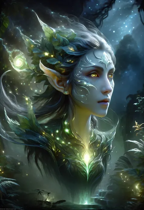 hyper detailed masterpiece, dynamic, good quality,floating oversized ethereal female elf portrait donmw15pxl ，in the jungle，star...