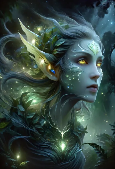 hyper detailed masterpiece, dynamic, good quality,floating oversized ethereal female elf portrait donmw15pxl ，in the jungle，star...