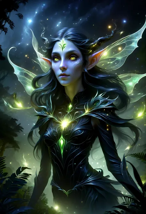 hyper detailed masterpiece, Dynamic, good quality,Floating oversized ethereal female elf portrait DonMW15pXL ,in the jungle,starlight,firefly,dark,Gothic