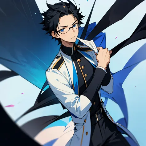 1 boy, black hair, blue eyes, black cloth, handsome, 15 years old kid, wearing uniform, wearing glasses, short hair