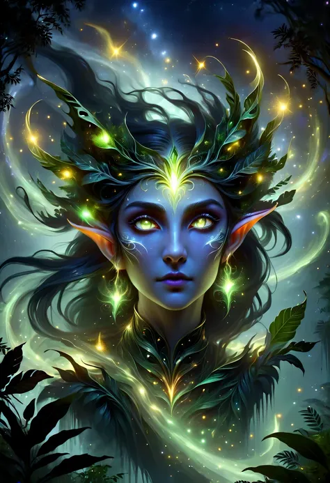 hyper detailed masterpiece, dynamic, good quality,floating oversized ethereal female elf portrait donmw15pxl ，in the jungle，star...