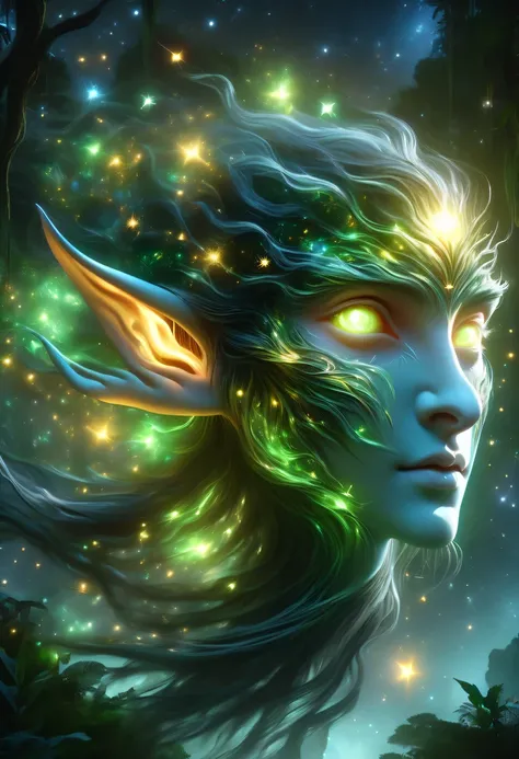 hyper detailed masterpiece, Dynamic, good quality,Floating Elf Portrait DonMW15pXL ，in the jungle，starlight，firefly，