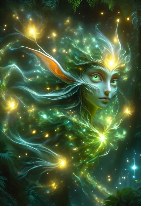 hyper detailed masterpiece, Dynamic, good quality,Floating Elf Portrait DonMW15pXL ，in the jungle，starlight，firefly，