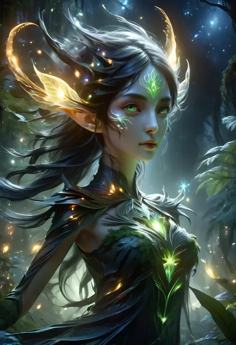 hyper detailed masterpiece, dynamic, good quality,floating elf portrait donmw15pxl ，female elf in the jungle，starlight，firefly，d...