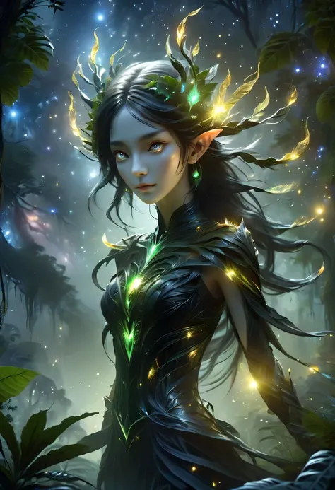 hyper detailed masterpiece, Dynamic, good quality,Floating Elf Portrait DonMW15pXL ，Female elf in the jungle，starlight，firefly，dark，Gothic