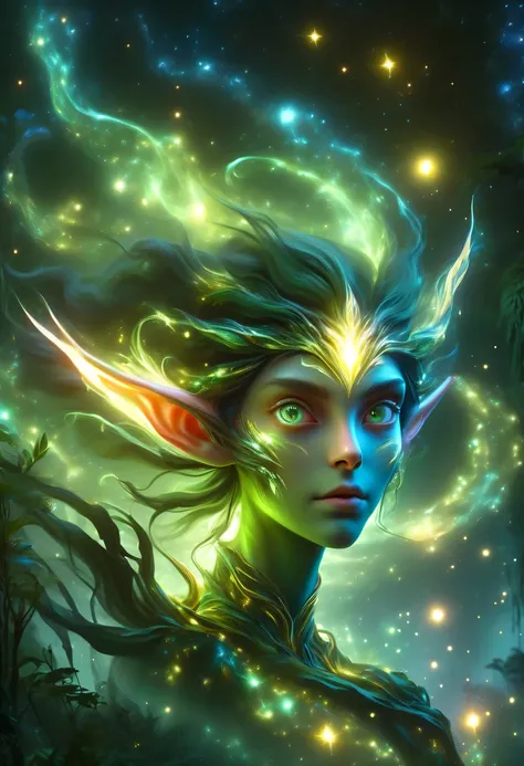 hyper detailed masterpiece, dynamic, good quality,floating elf portrait donmw15pxl ，female elf in the jungle，starlight，firefly，