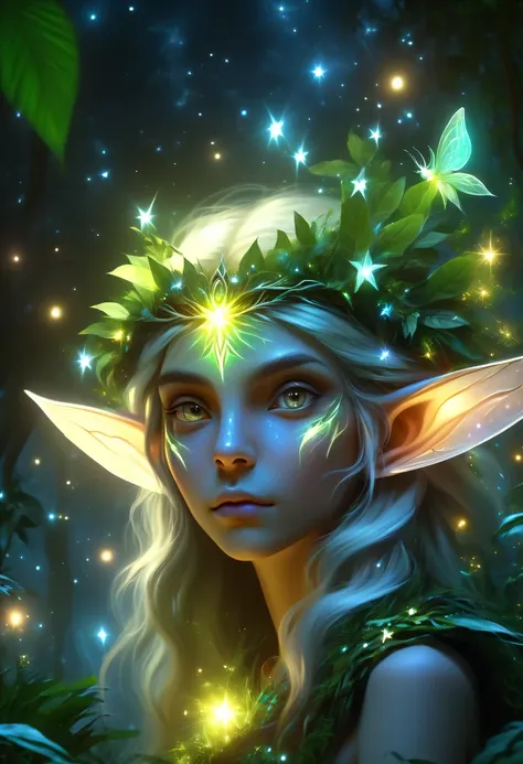 elf portrait，female elf in the jungle，starlight，firefly，