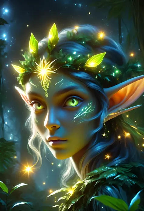 Elf portrait，Female elf in the jungle，starlight，firefly，