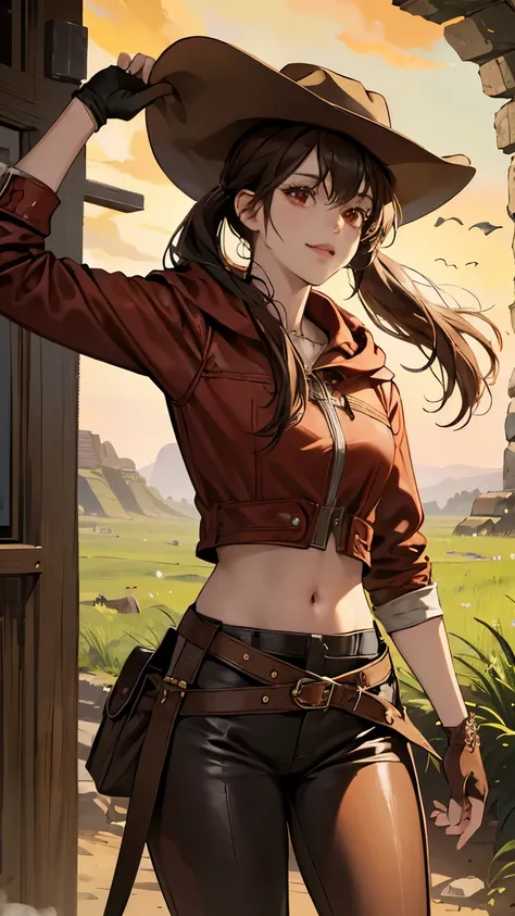 high quality、High level image quality、cool cowgirl、fantasy adventurer、Fantasy grassland background with ruins of collapsed ruins、wearing a reddish-brown cowboy hat、（double pigtail hair）、laugh refreshingly、eyeliner、big, sharp, beautiful red eyes、Intricately...