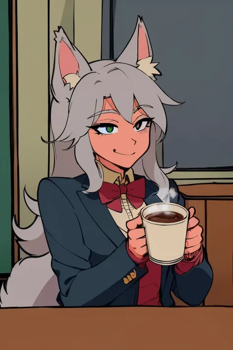 cartoon of a wolf with a cup of coffee in a room, morning coffee, (sfw) safe for work, hot coffee, oc commission, commission for high res, portrait of morning coffee, mysterious coffee shop girl, late morning, drinking coffee, morning time, waking up, casu...